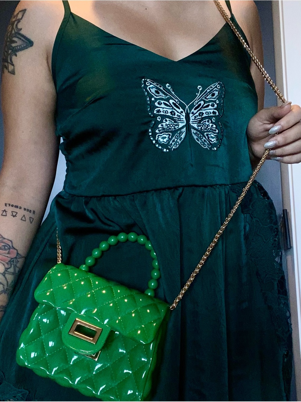 Green Quilted Bead-Handle Crossbody Bag with Gold Chain